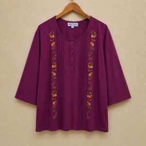 Vintage Liberty Lane 2XL Boho Embroidered Henley Blouse Cottagecore Pumpkin Fall